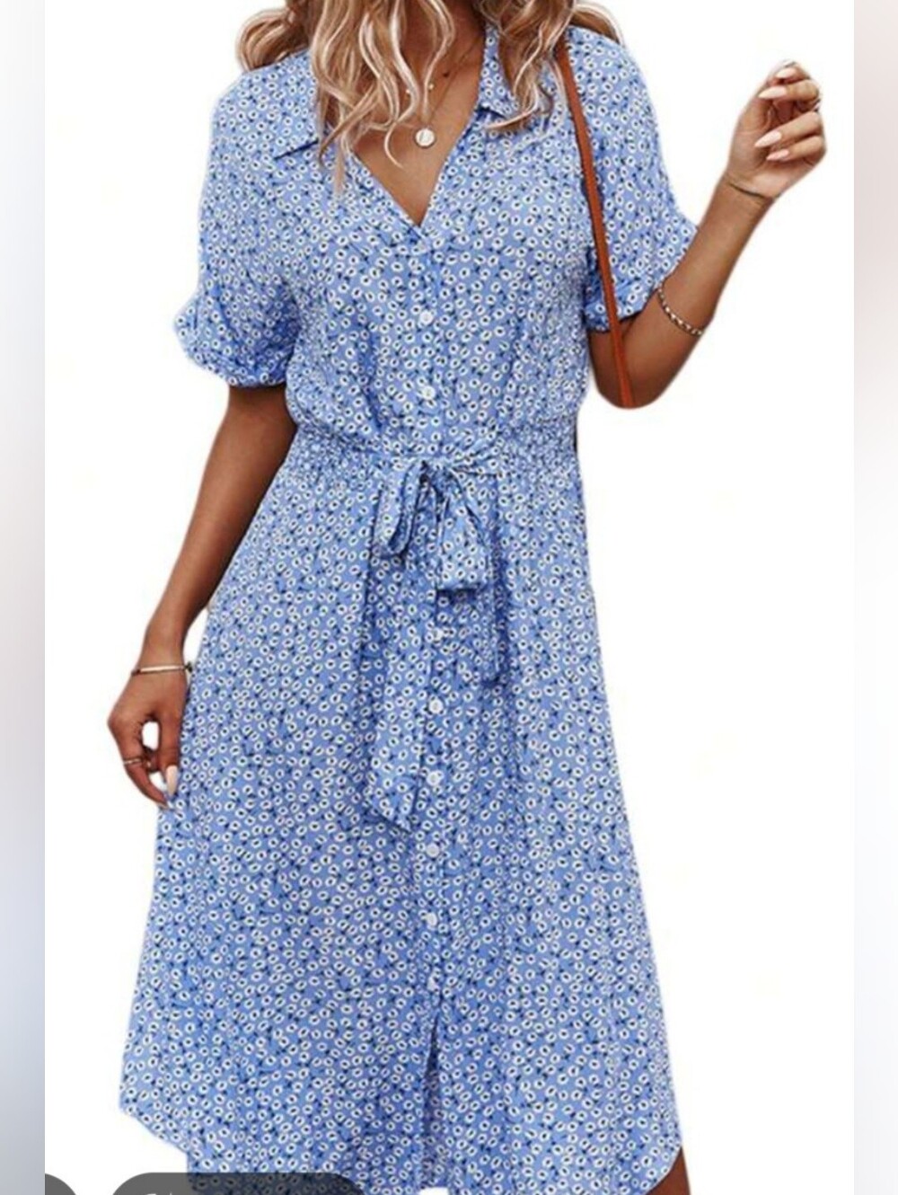 Shibever- Light Blue Floral Midi Dress with Tie Waist